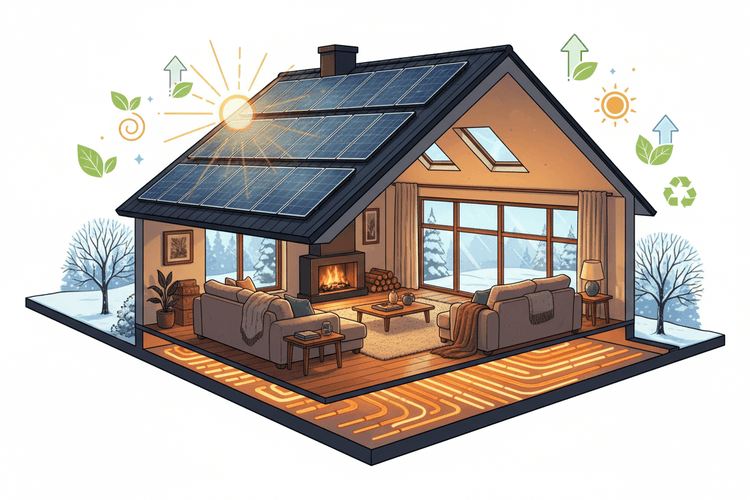 modern UK home with solar panels on the roof, warm glowing underfloor heating visible through a semi-transparent floor