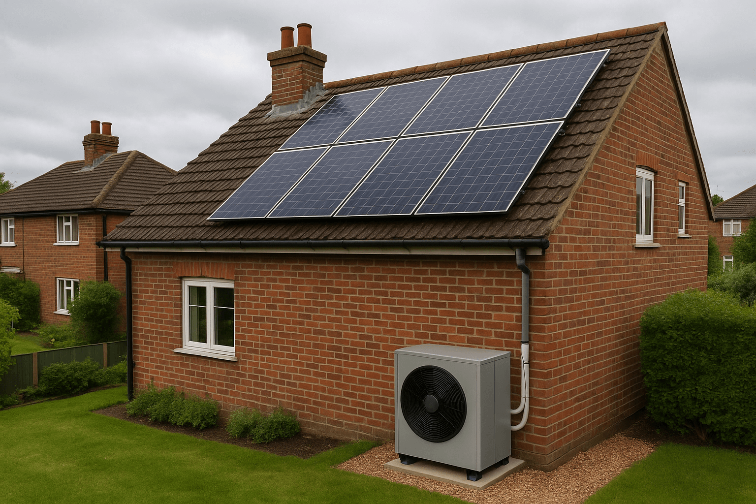 8 solar panels on roof of a typical uk home with heat pump outdoor