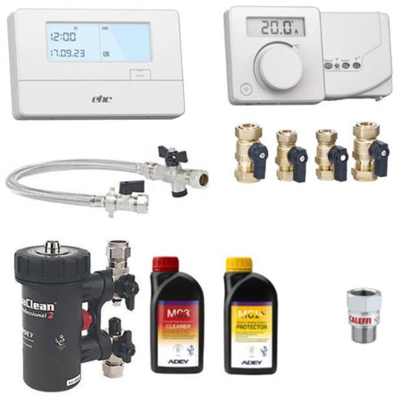 Collection of plumbing and heating components including thermostats, pipes, and chemicals on a white background.