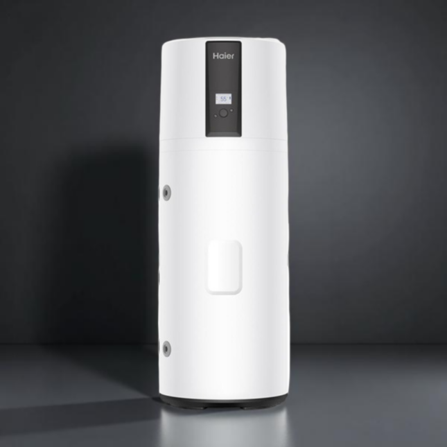 White Haier heat pump water heater on a dark background