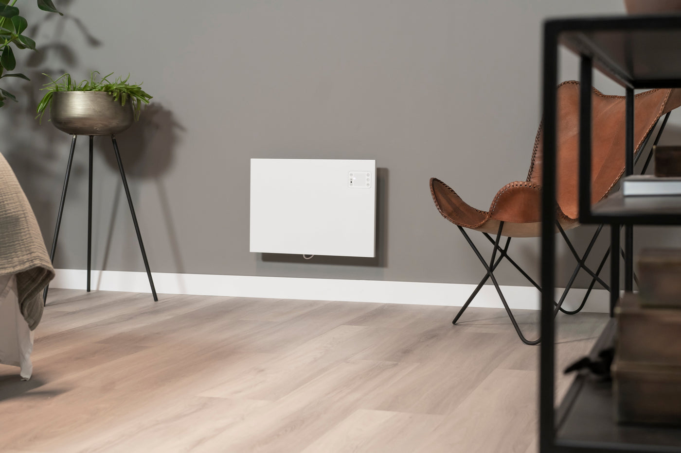Modern living room featuring an Infrared Panel Heater mounted on the wall.