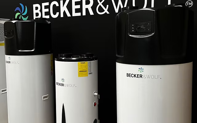 Becker and Wolf heat pump hot water heaters displayed in a showroom for UK properties.