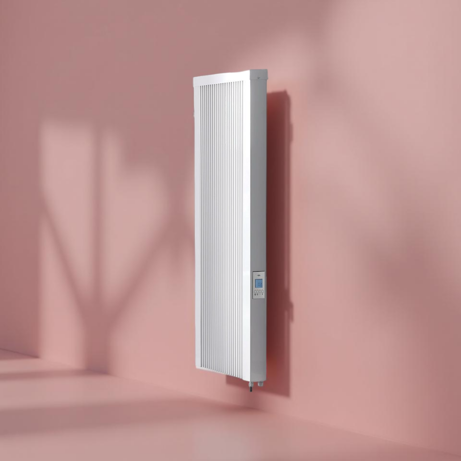 Sleek white heat retention radiators mounted on a pastel pink wall for efficient home heating.