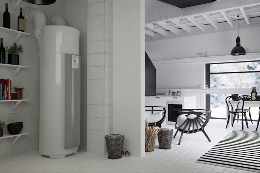 Heat Pump Water Heater in modern living room hallway