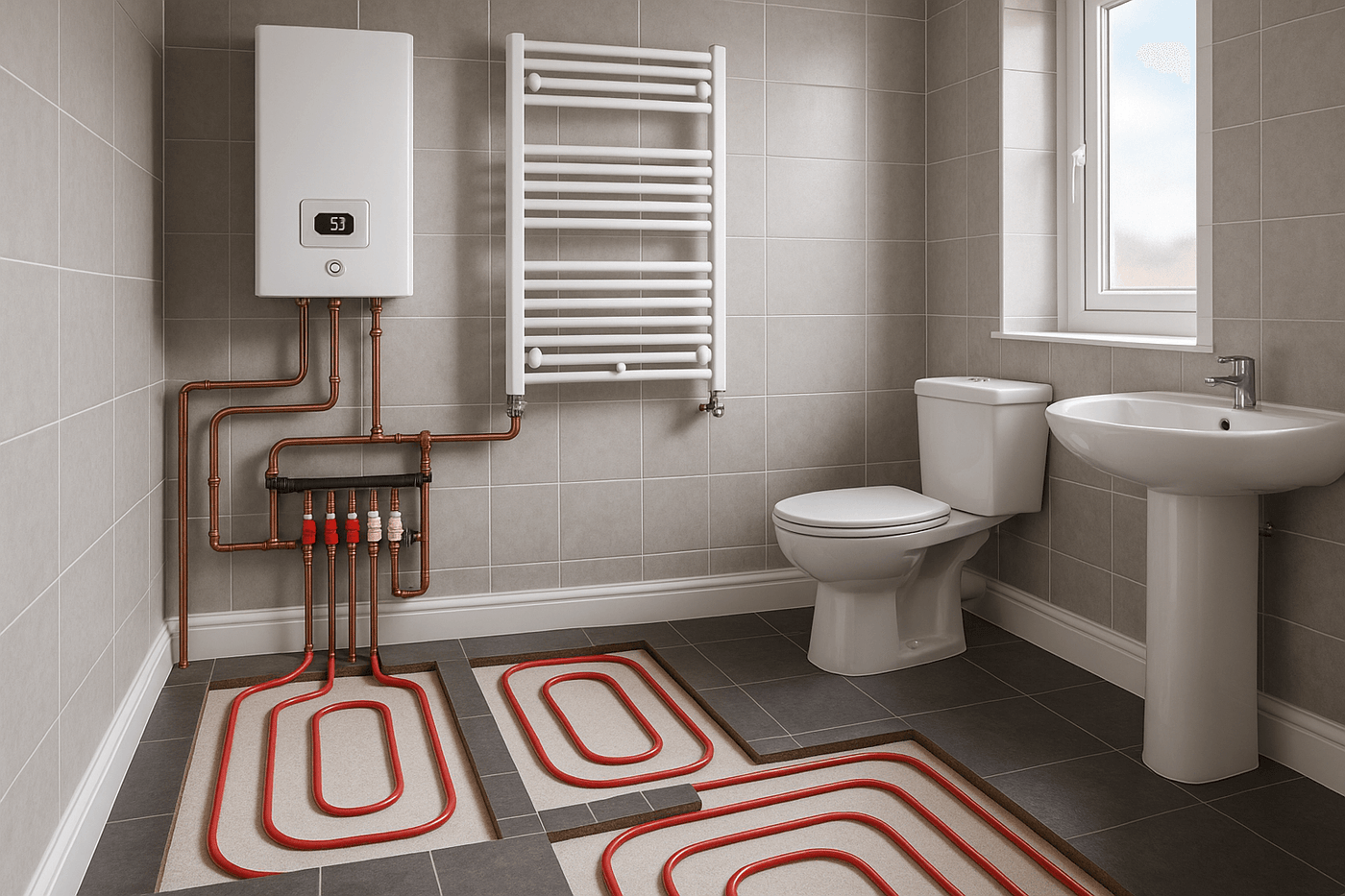 Bathroom featuring underfloor heating system connected to radiator pipes for efficient heating.
