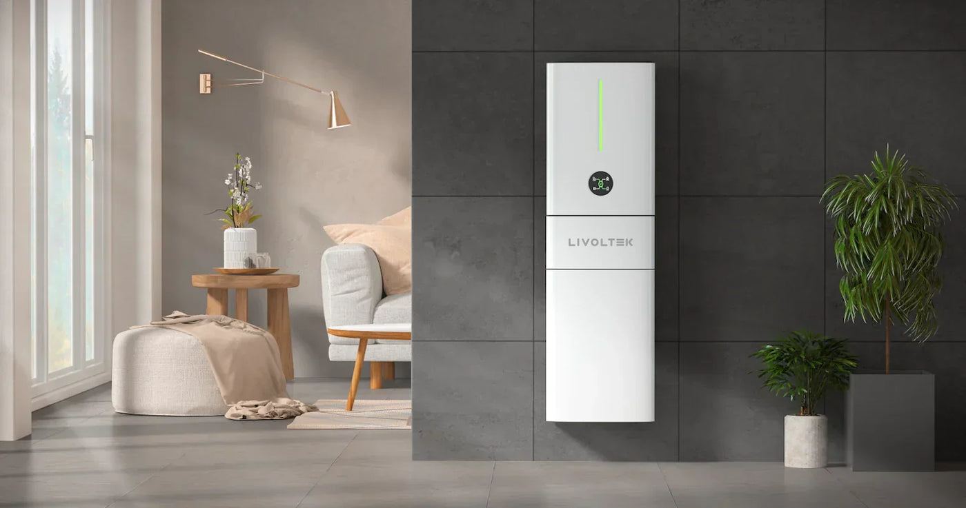 Livoltek solar energy storage unit installed in a modern living room setting to enhance energy efficiency.