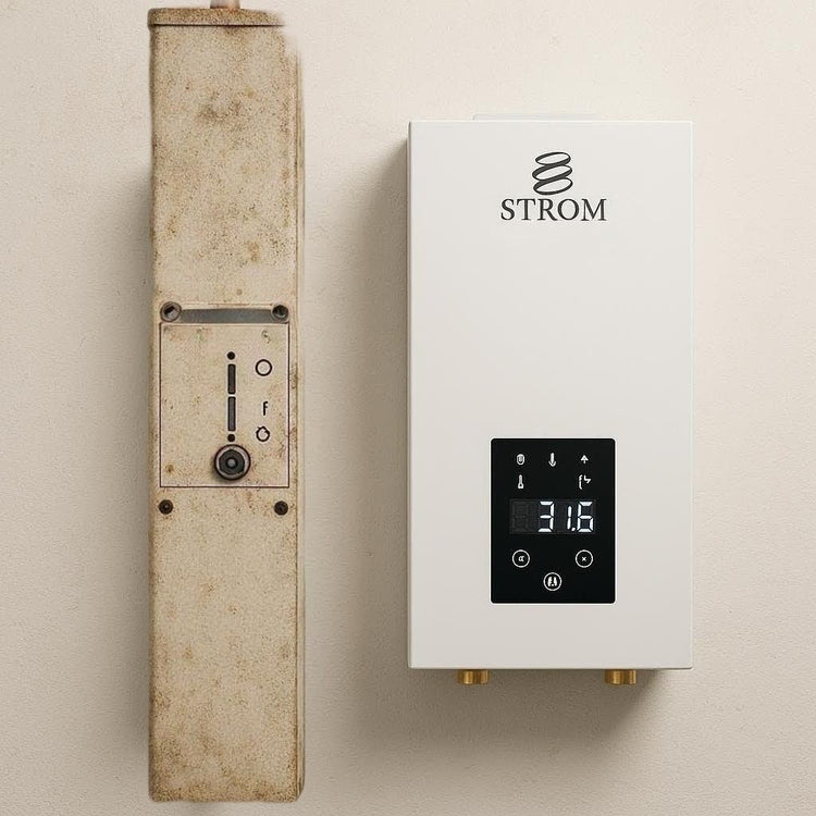 old electric flow boiler with a new modern equivalent Strom Heat Only Boiler, fully serviceable with easily accessible parts, a sleek LCD Display and bottom entry flow and return.