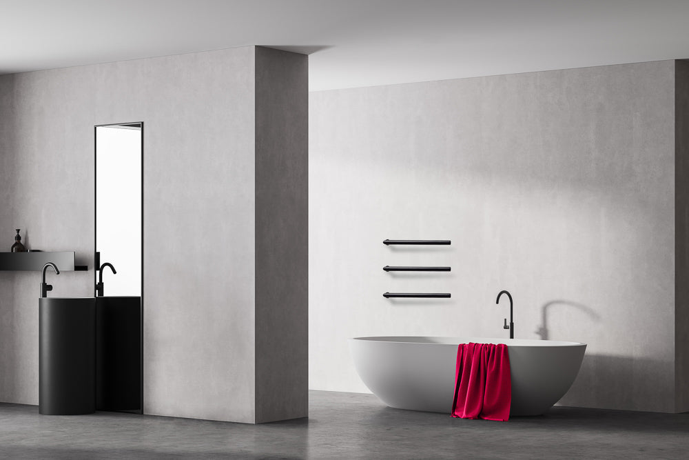 Black sinlge bars towel rails in modern bathroom