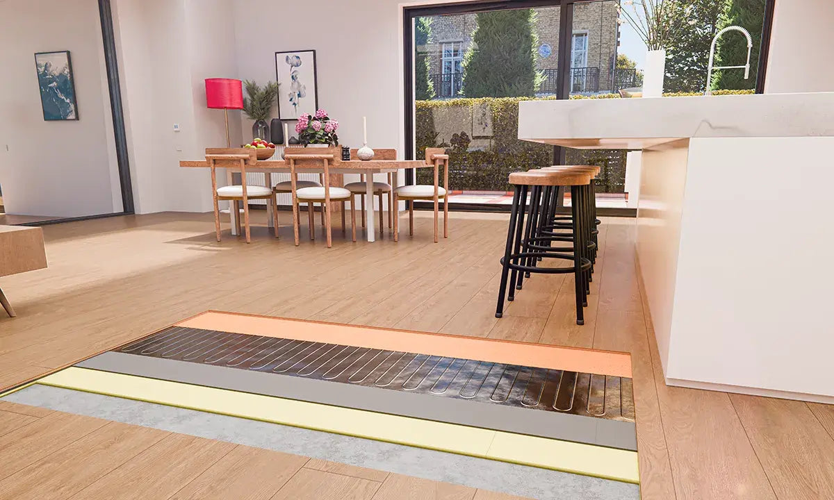 Foil electric underfloor heating under timber floor kitchen