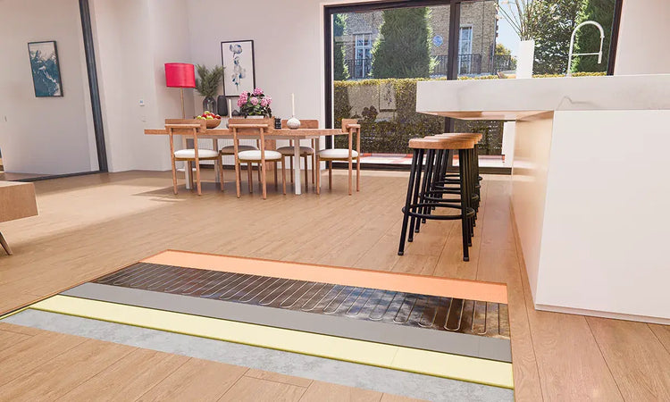 Foil electric underfloor heating under timber floor kitchen