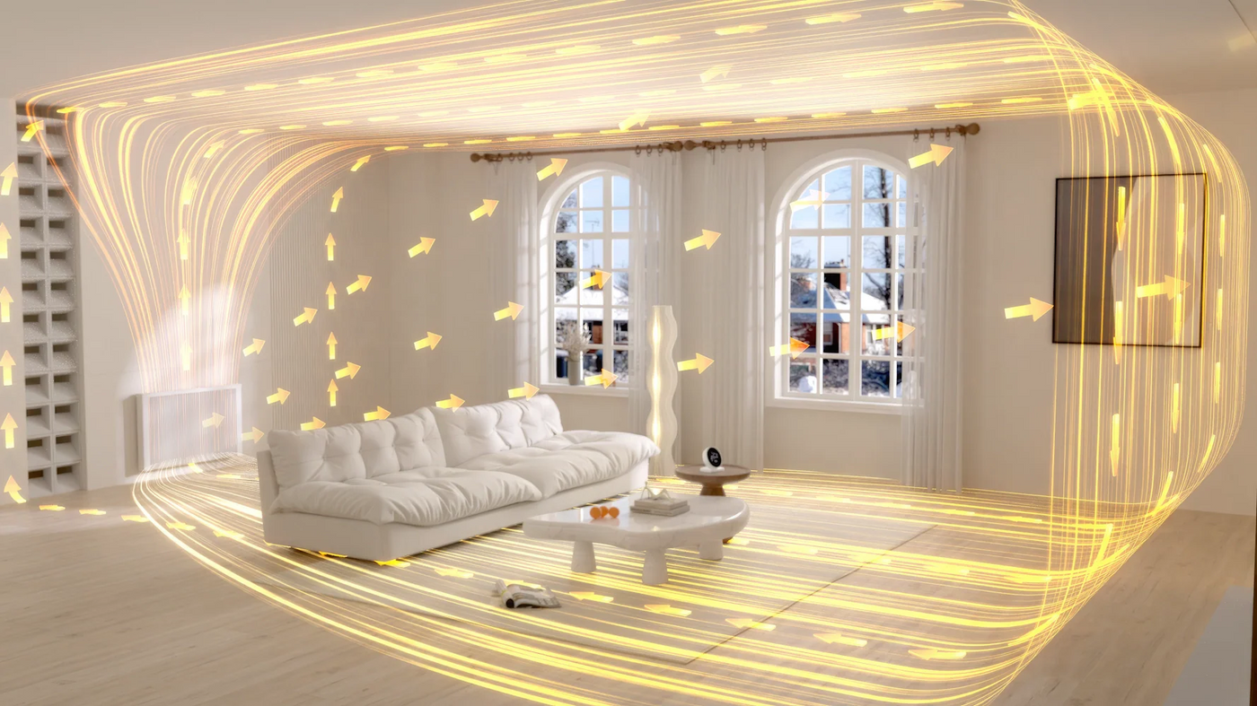 clay core electric radiator render convected & radiant heat in living room