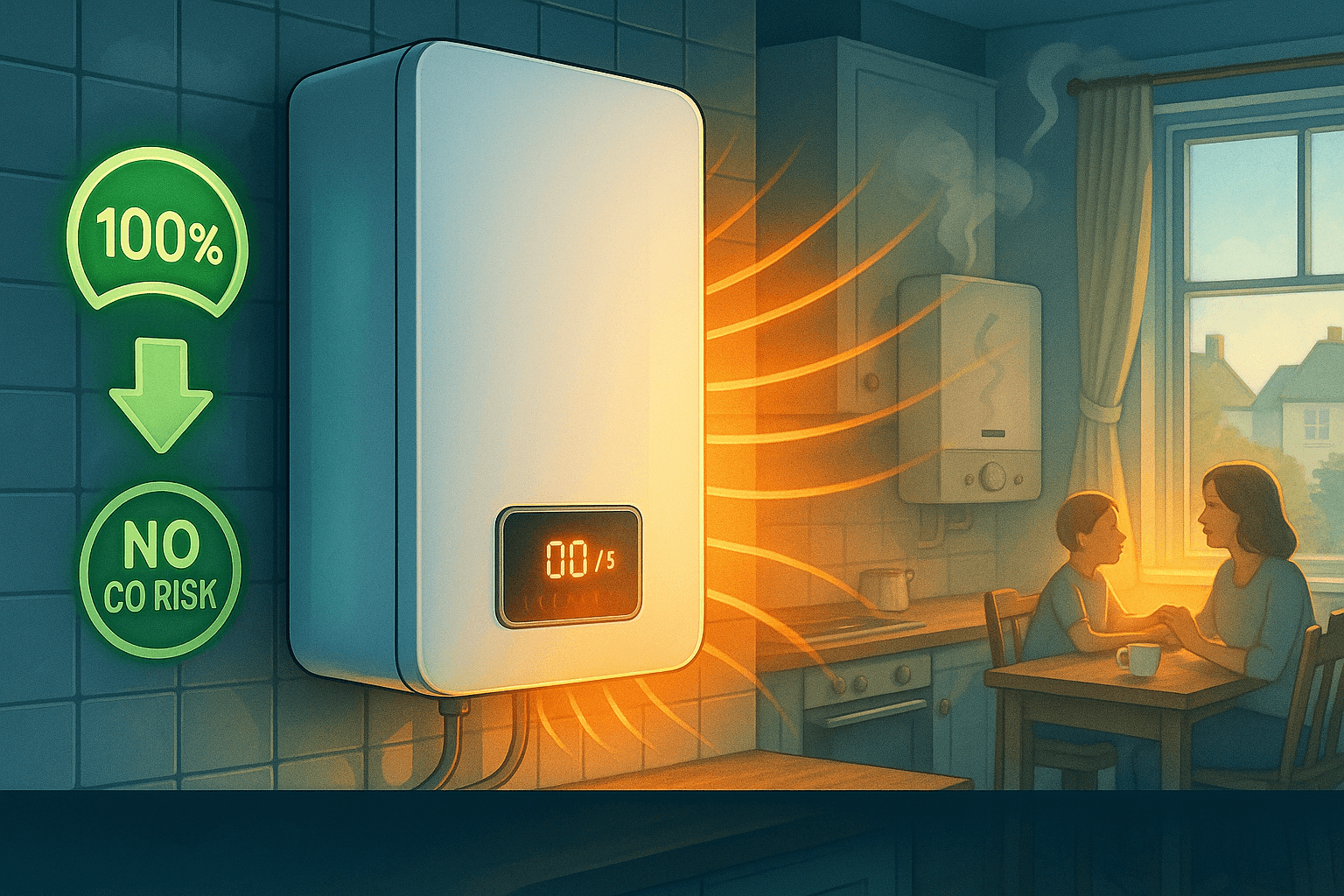 Electric Boilers providing instant heat-up in a modern kitchen with no CO risk.