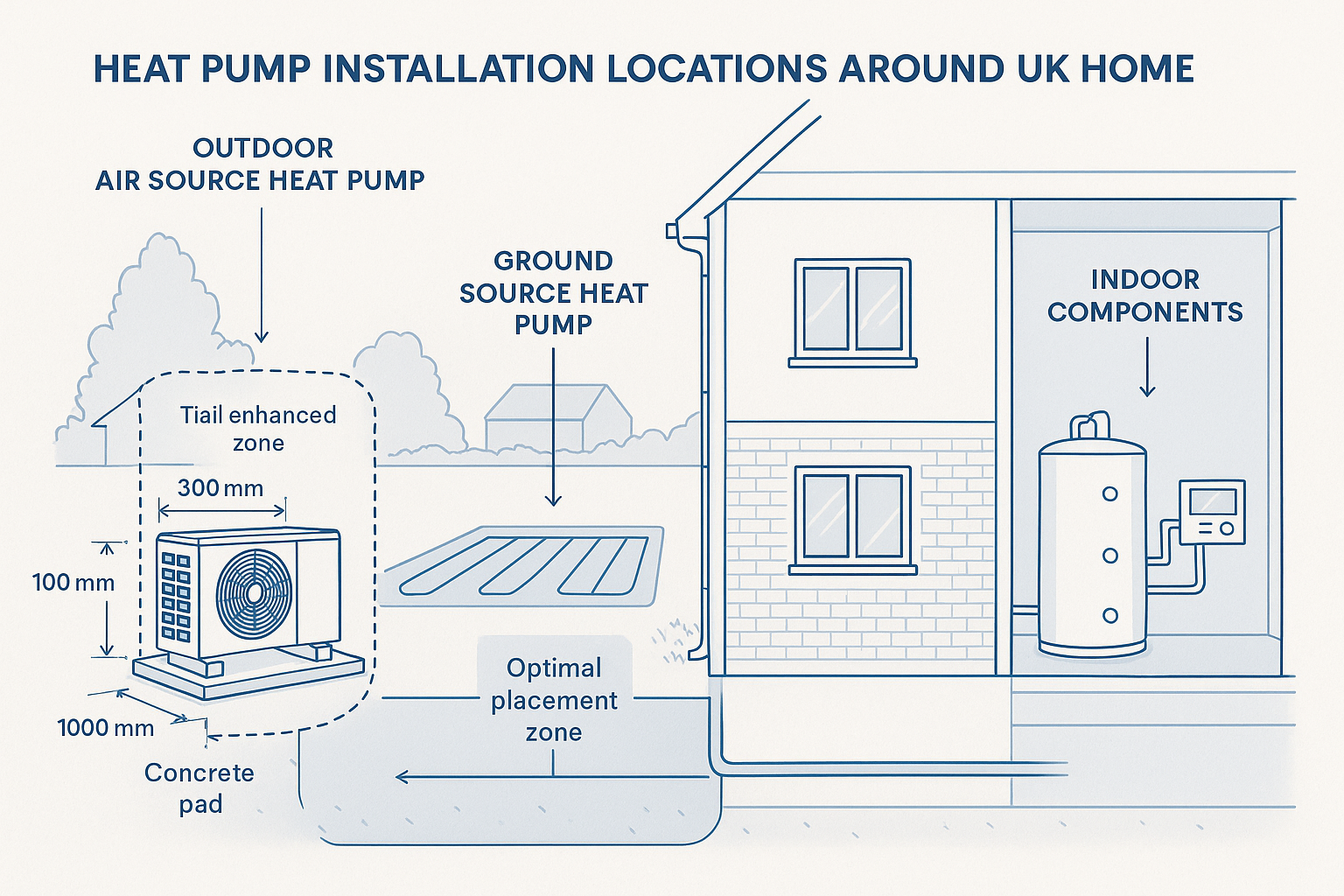 Diagram showing heat pump installation locations around UK home, featuring air source and ground source heat pumps.