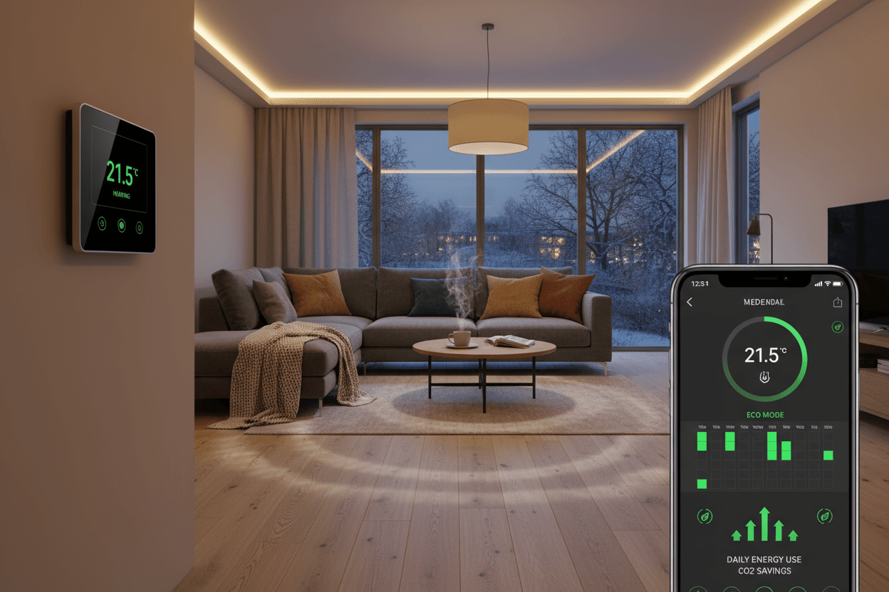 Smart Thermostats displayed in a modern living room controlling underfloor heating settings.
