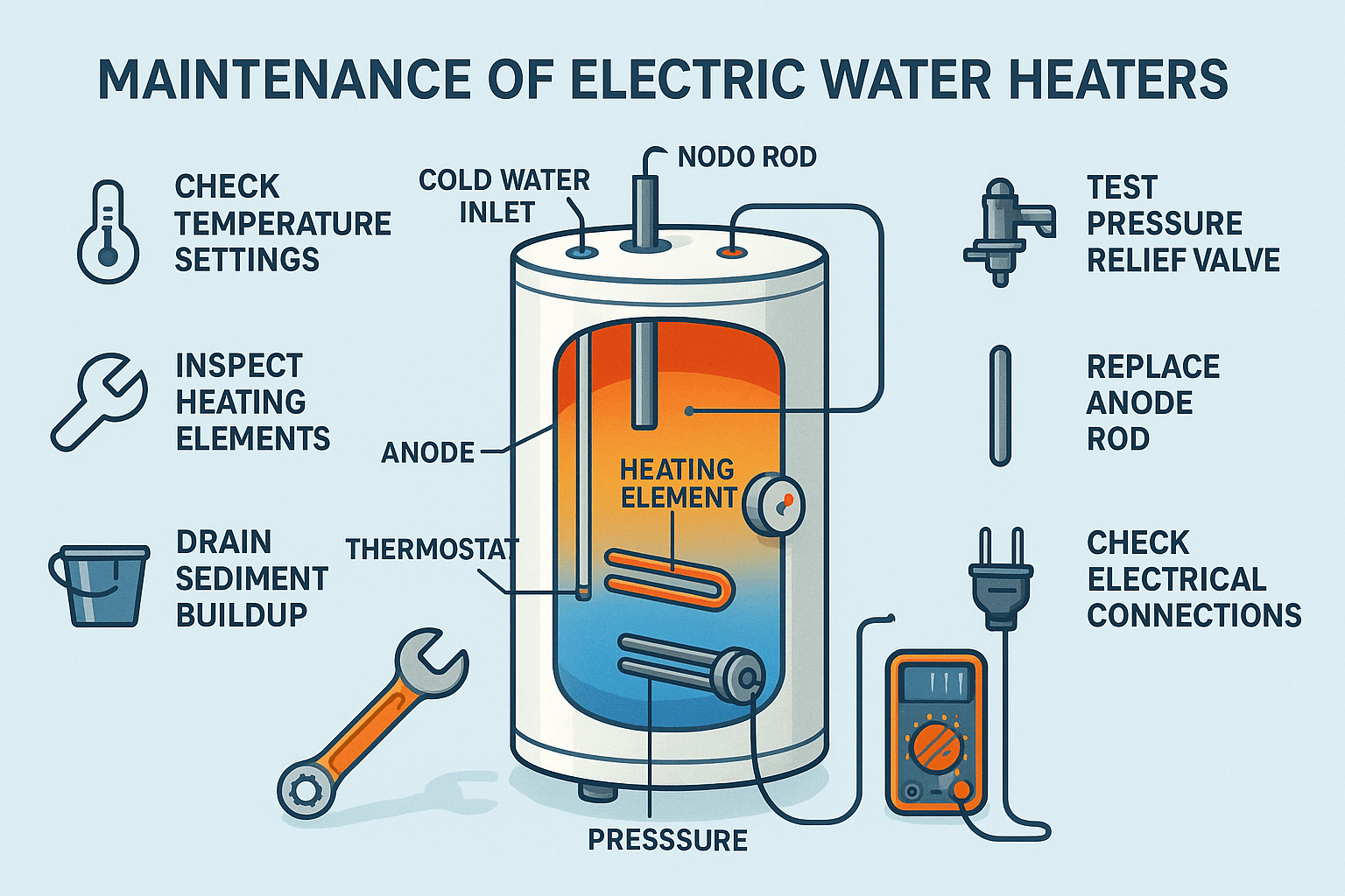 Maintenance guide for electric water heaters, focusing on key components and service steps.