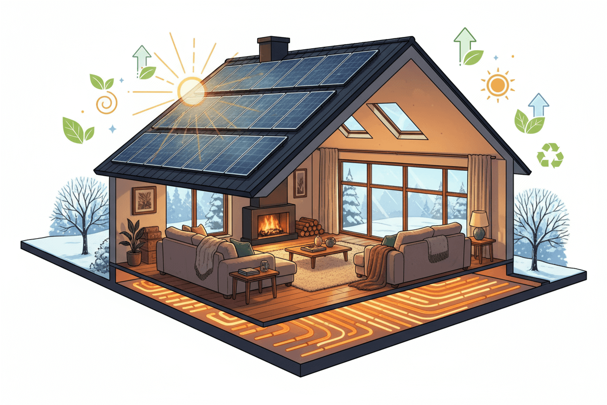 modern UK home with solar panels on the roof, warm glowing underfloor heating visible through a semi-transparent floor