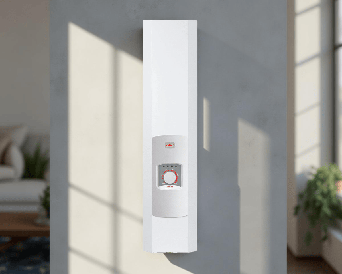 Electric Flow Boiler installed in a modern home, showcasing its sleek design and control panel.