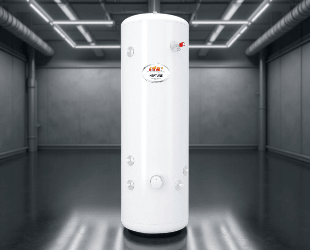 Unvented Cylinder - White Neptune stainless steel hot water cylinder in a modern setting.