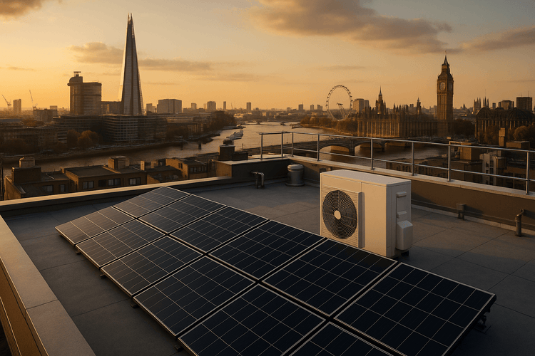 solar panels with air conditioner unit on rooftop aparment building london