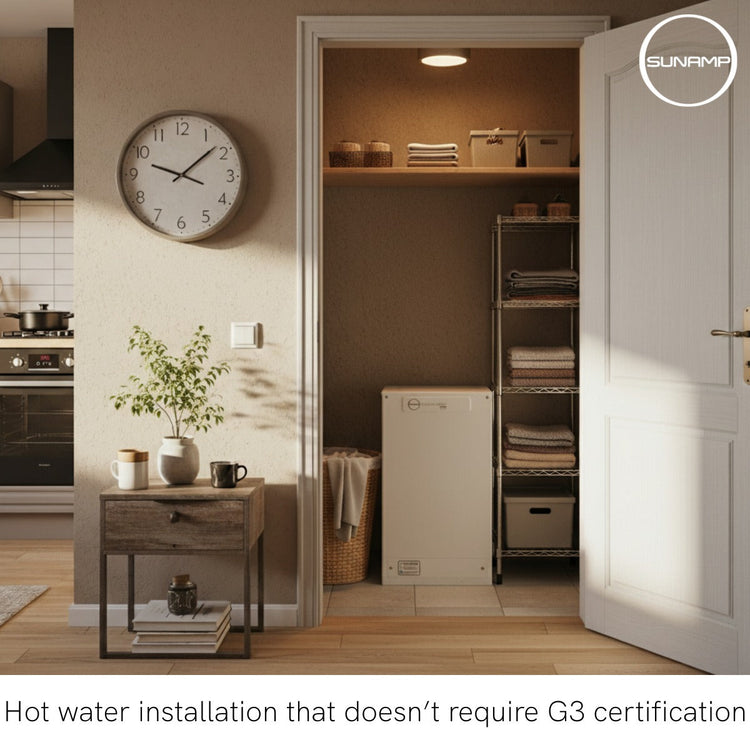 Modern kitchen featuring the Sunamp Heat Battery for efficient hot water installation without G3 certification.
