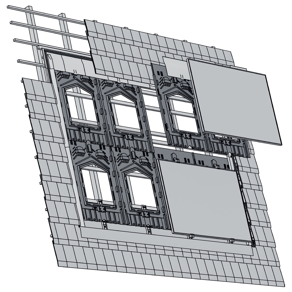 A technical line drawing of a solar roof  assembly with multiple rectangular panels and arched window openings, shown on a plain white background.
