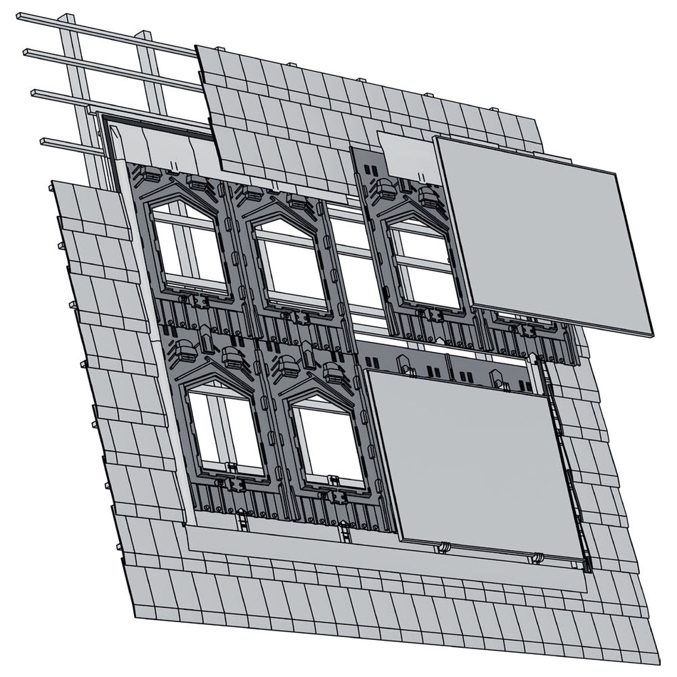 A technical line drawing of a solar roof  assembly with multiple rectangular panels and arched window openings, shown on a plain white background.