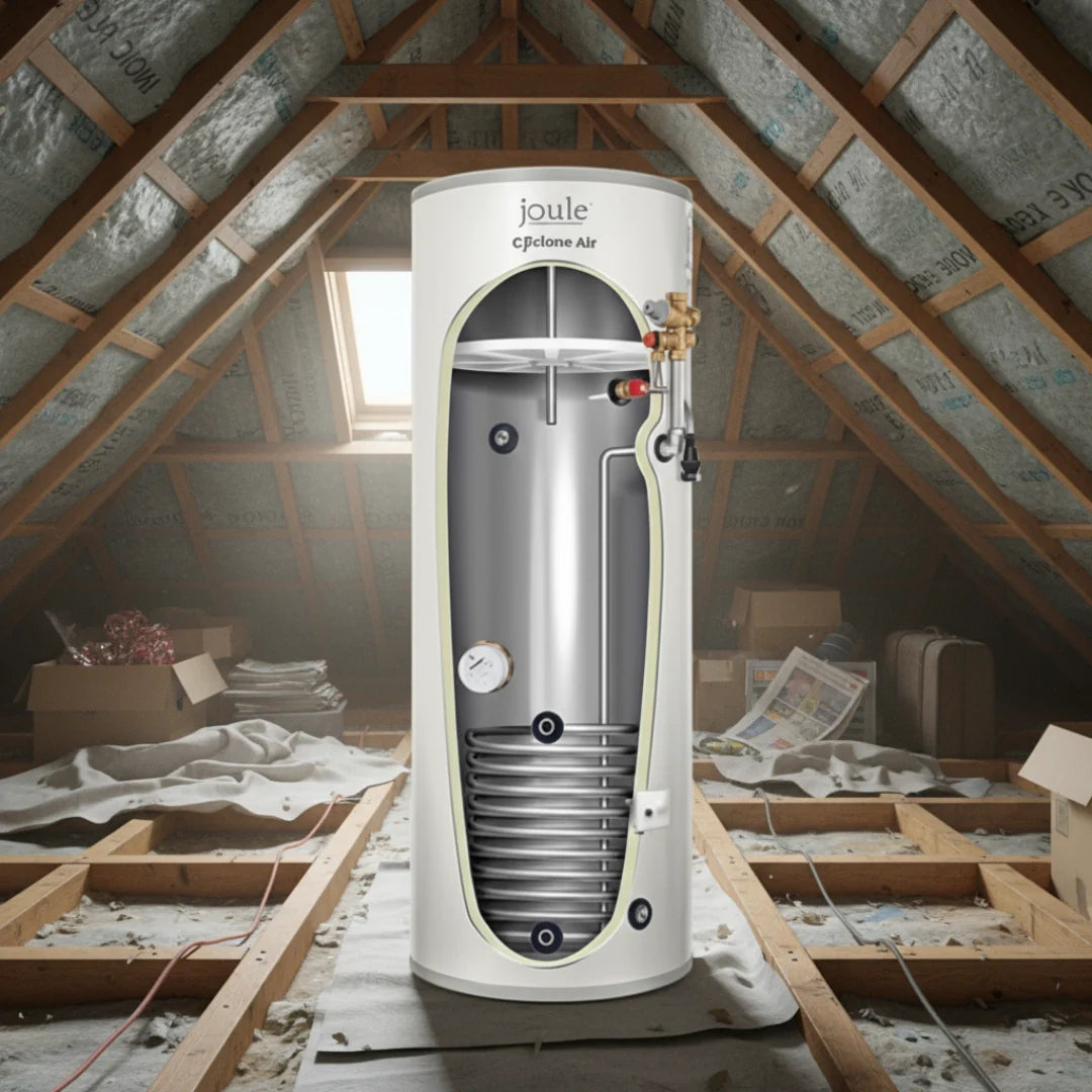Indirect Unvented Cylinders in an attic, showcasing a Joule CJ Clone Air model for efficient hot water solutions.