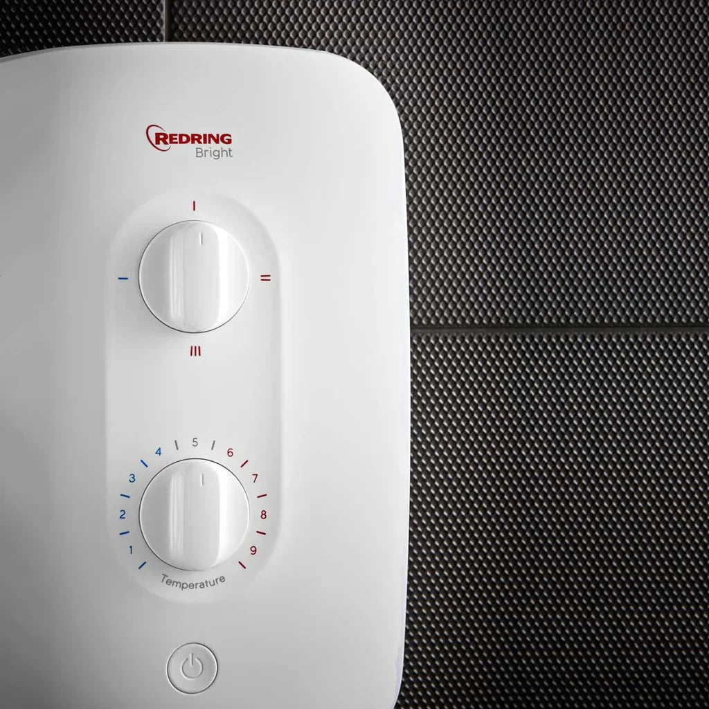 Close-up of a Redring Bright electric showers control panel, showcasing temperature and power settings for Electric Showers.