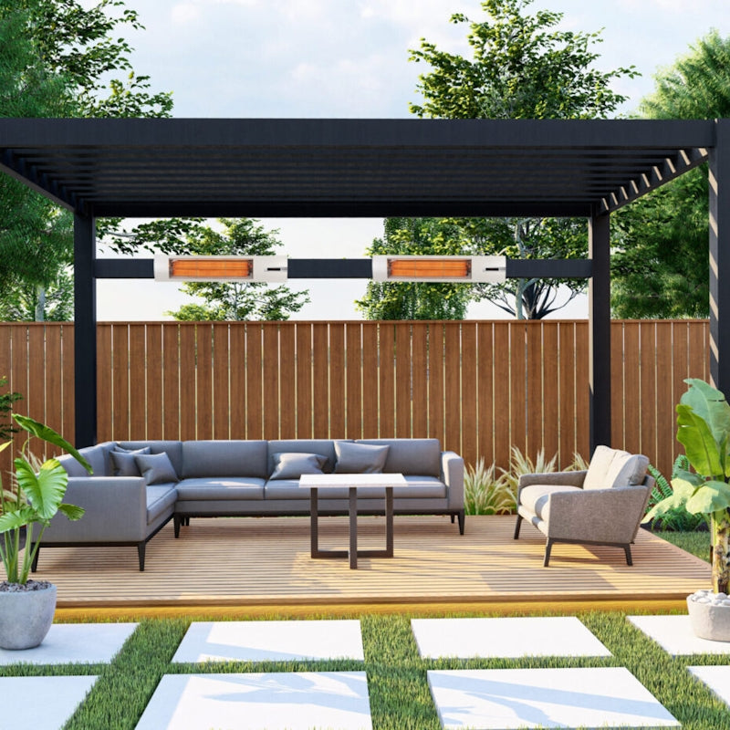 patio heaters mounted outdoor on a pergola