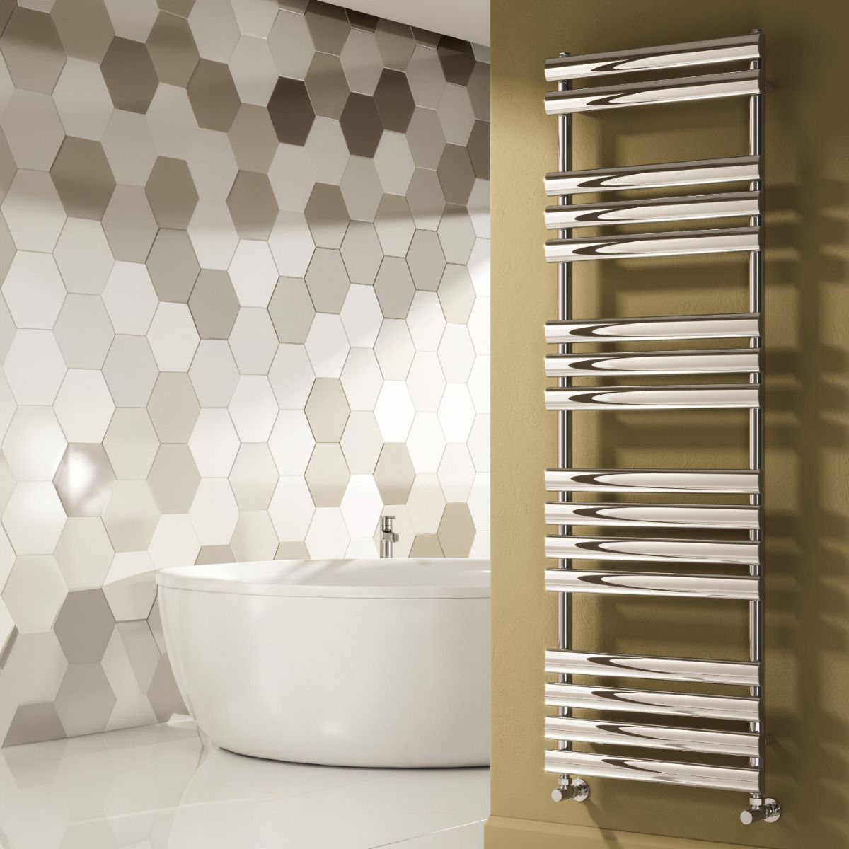 Modern Designs radiator against a hexagonal tile wall in a contemporary bathroom setting.