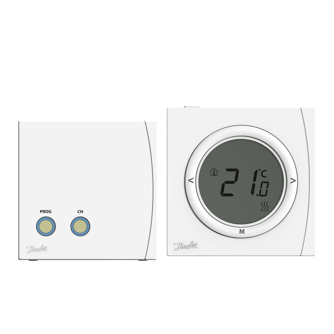 A two-piece white smart thermostat and control box set by Danfoss, shown against a plain white background. The left control box features two blue-rimmed buttons labeled PROG and CH, while the right-hand digital thermostat displays 21.