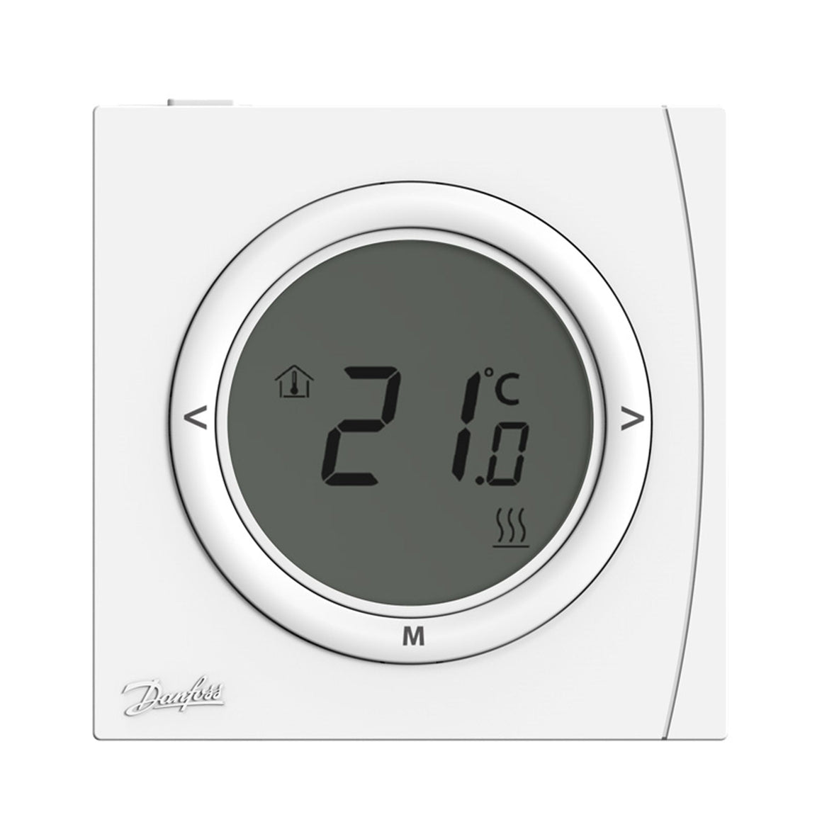 A white digital wall thermostat with a circular gray display showing 21.0 degrees Celsius, featuring the Drayfoss brand name in the bottom left corner.