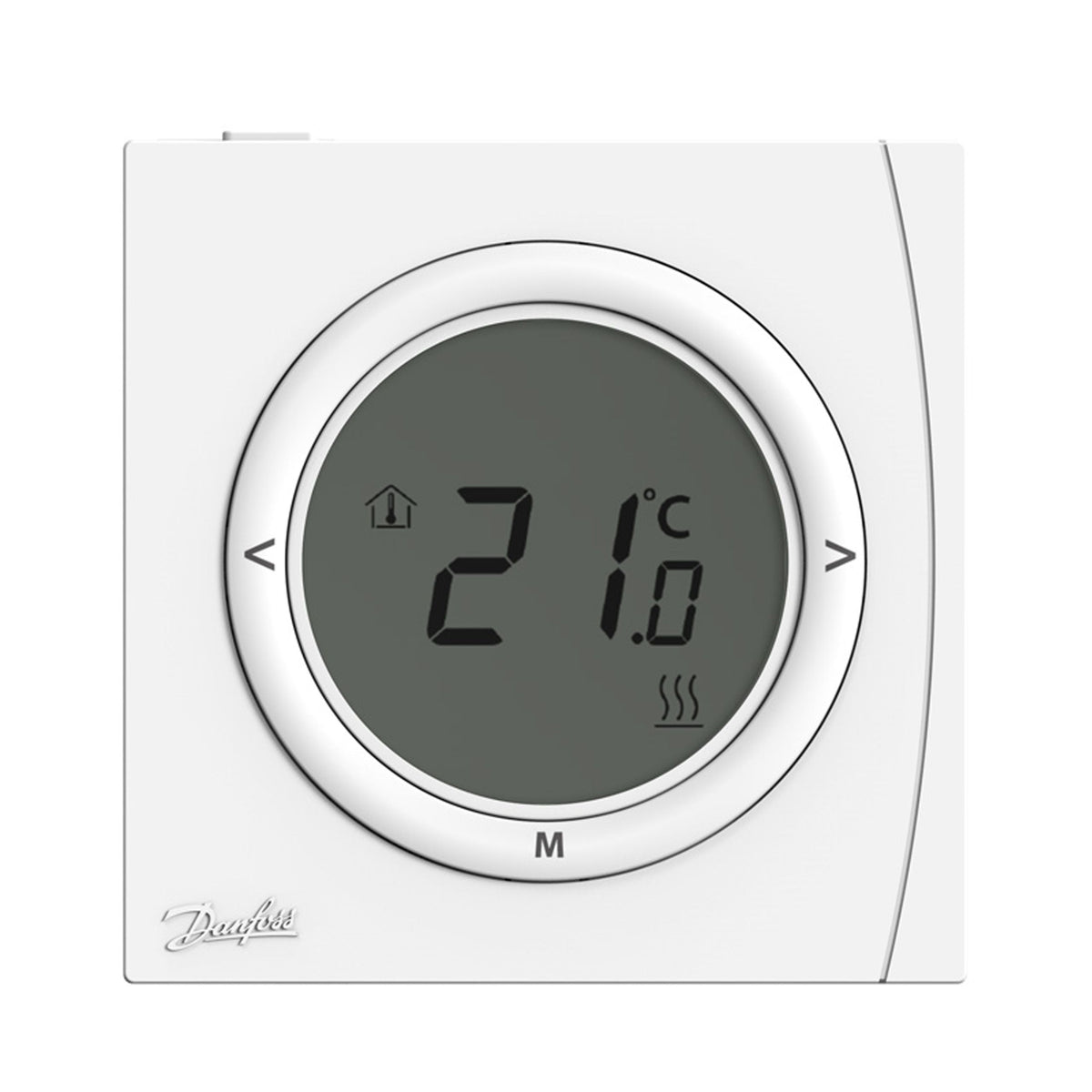 A white digital wall thermostat with a circular gray display showing 21.0 degrees Celsius, featuring the Drayfoss brand name in the bottom left corner.