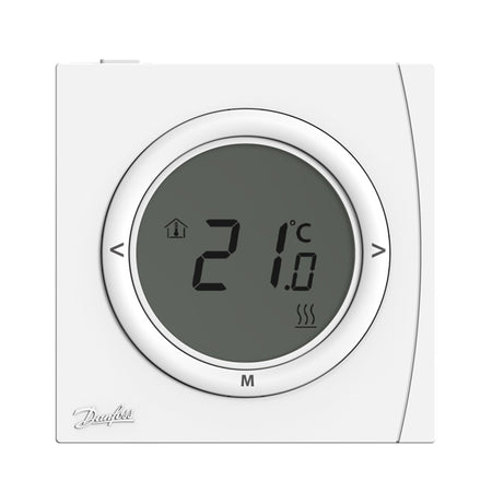A white digital wall thermostat with a circular gray display showing 21.0 degrees Celsius, featuring the Drayfoss brand name in the bottom left corner.