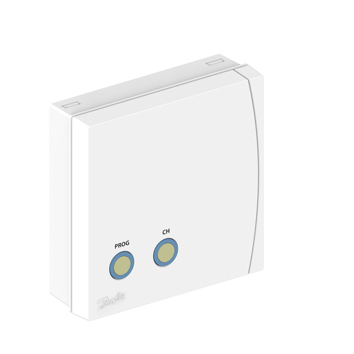 A white electronic control box with two circular buttons labeled PROG and CH, featuring a subtle blue ring around each button. The brand name 'Danfoss' is visible in a stylized script near the bottom left corner of the front faceplate.