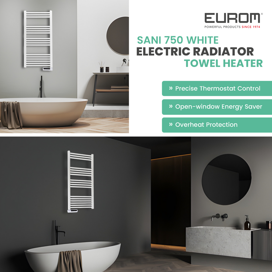 Eurom Sani-Towel 750 White Electric Bathroom Radiator – Powerful and Efficient Towel Warmer with Timer and Safety Features