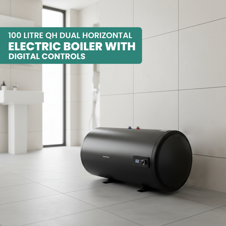 100 litre QH dual horizontal electric water heater with digital controls in a modern bathroom setting.