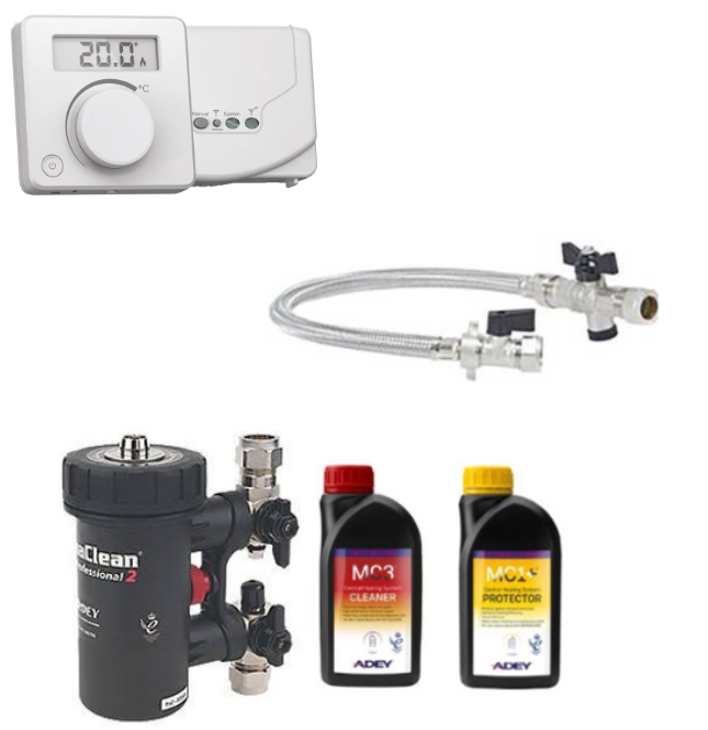 EHC Comet Combi Compliance Installation Pack components including controller, pipe, filters, and maintenance fluids.