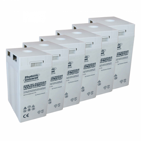 Six Photonic Universe batteries arranged in a row on a white background