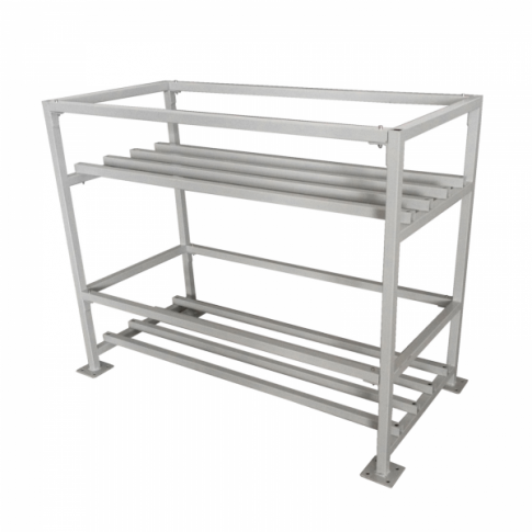 Metal towel rack with multiple shelves on a white background