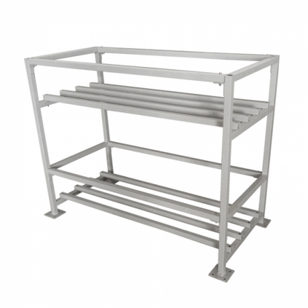 Metal towel rack with multiple shelves on a white background