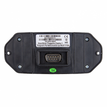 Back view of a black electronic device with a barcode label on a white background