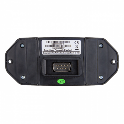 Back view of a black electronic device with a barcode label on a white background