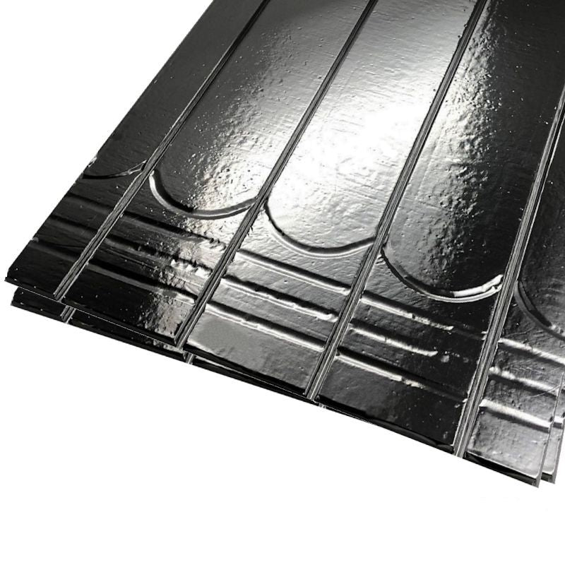 Metallic reflective UFH panel with a textured surfaceThermRite PRO 20mm Dual Purpose Foiled EPS 400 Insulation Panel – 150mm Pipe Centres, Tile or Wood Floor Direct, Water UFH