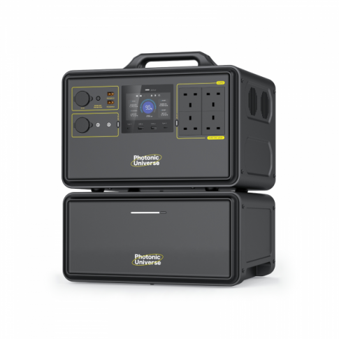 Black portable power station with control panel and outlets on a white background