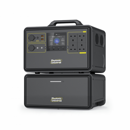Black portable power station with control panel and outlets on a white background
