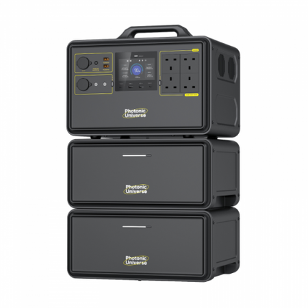 Stack of black electronic power stations with visible branding on a white background