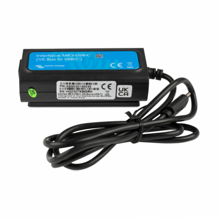Black electronic adapter with blue label on a white background