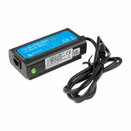 Power adapter with blue label on a white background