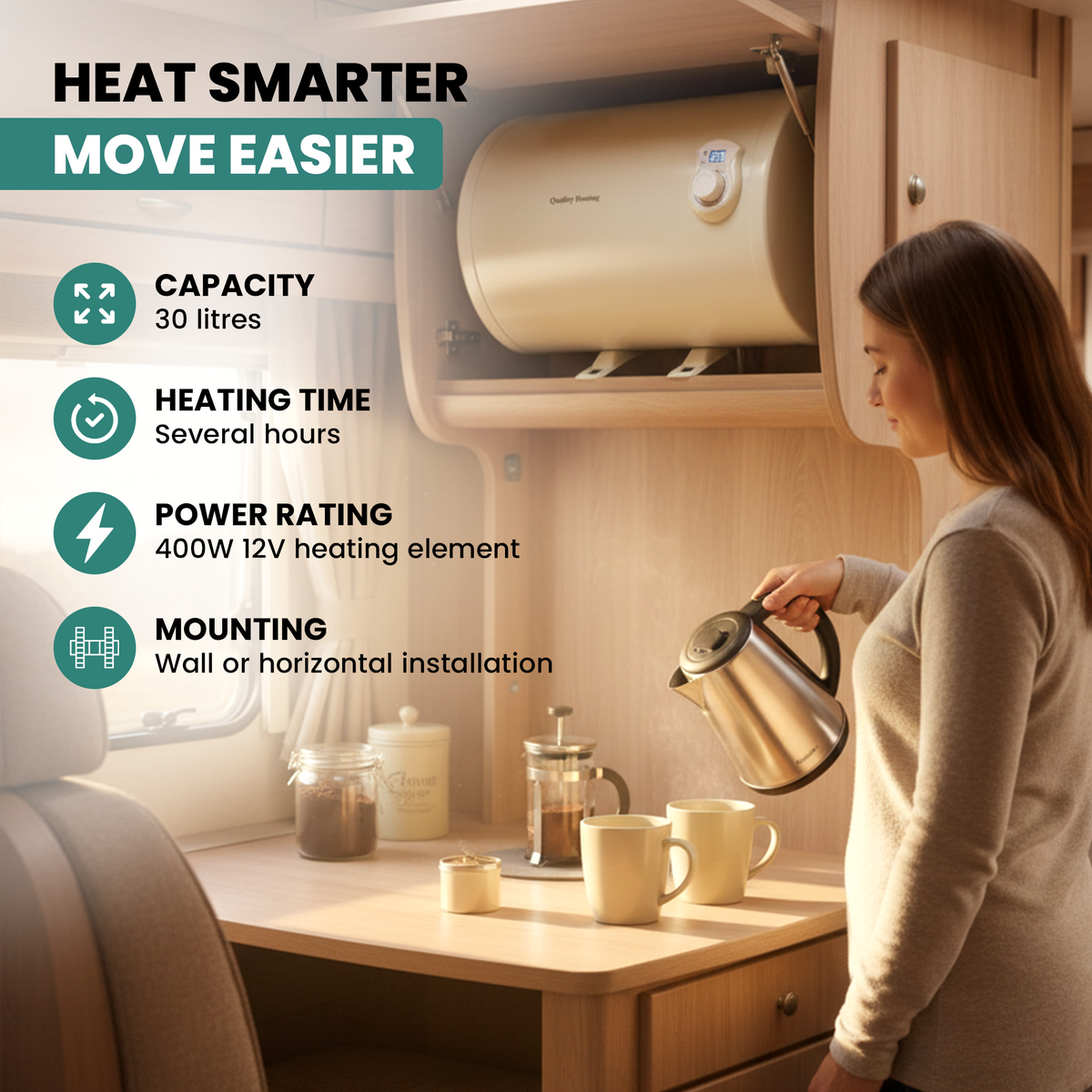 30 Litre QH 12V DC Caravan Horizontal Water Heater